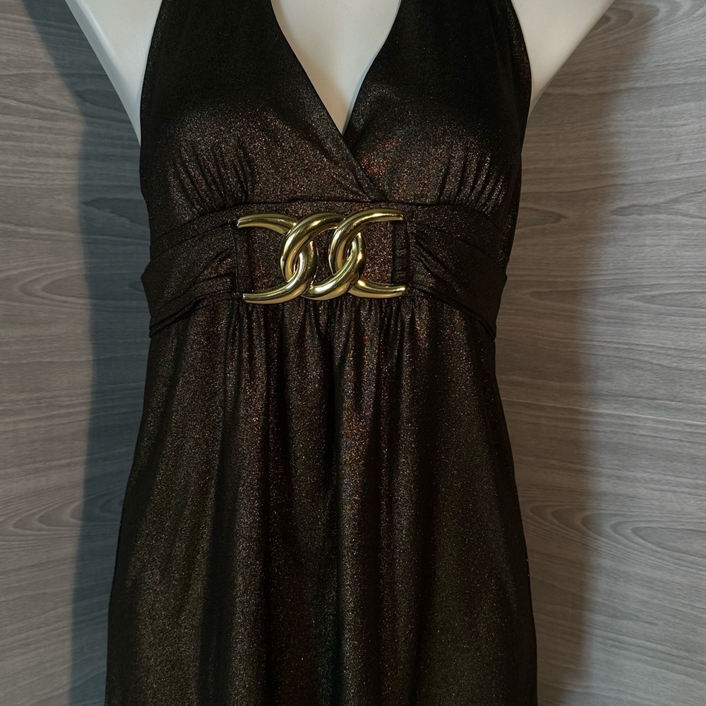 Janette Plus Brown Gold Ruched Halter Tank Top